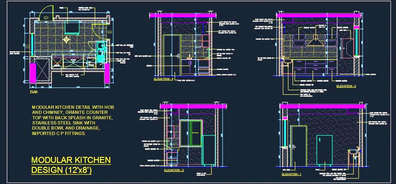 Kitchen Design DWG 12'x8' with Granite Counter & Storage